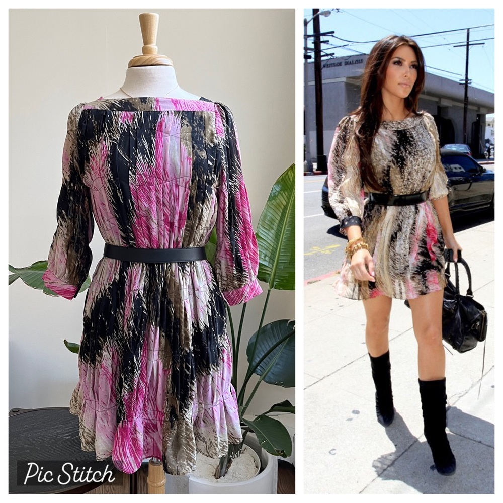 [dvf] silk smocked 3/4 sleeve mini dress